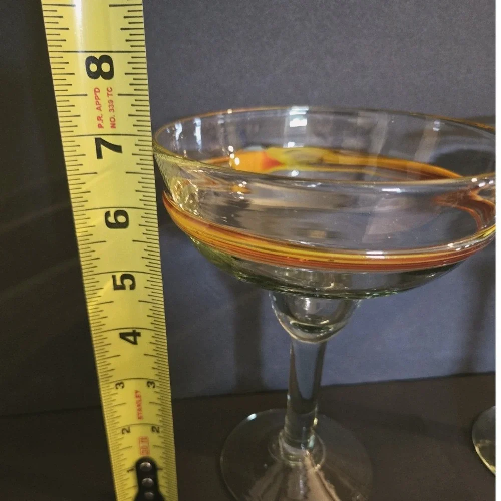 Mexican Hand Blown Margarita Glasses Set of 2‎ Orange Yellow Red Swirl Rim 7in